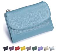 Fyozyon RFID Blocking Genuine Leather Wallet, Compact Tri-fold Design, Multi-Card Slots with ID Window, Short Small Wallet, Coin and Card Holder for Women, Men (Flax Blue)