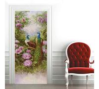 FYRHLH 3D Door Mural Sticker for Interior Doors Flower & Peacock Waterproof Self-Adhesive PVC Door Stickers Wall Decoration Door Poster Stickers for Bedrooms Living Room W88 x H200 cm