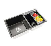 Fyssnn Stainless Steel Kitchen Sink Double Bowl, Black Modern Topmount/Undermount/Flushmount, 78x43cm with Soap Dispenser, Strainers, Drain Basket & Waste Pipe Set, for Home Restaurant Laundry