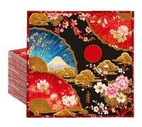 FYSUIMU 100 Pcs Japanese Theme Paper Napkins Luncheon Napkin Red Black Sun Plum Folding Fans Disposable Dessert Dinner Hand Napkin for Hibachi Birthday Party Decorations Supplies