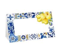 FYSUIMU 100Pcs Blue Tiles Place Cards 2 x 3.5 Inch Mediterranean Lemon Tented Cards Seating Cards for Spring Summer Wedding Bridal Shower Table Setting