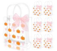 FYSUIMU 12 Pcs Fall Pumpkin Clear PVC Gift Bags Orange Pumpkin Pink Bow Party Favor Bags with Handles Treat Tote Bag with Ribbon for Thanksgiving Autumn Harvest Holiday