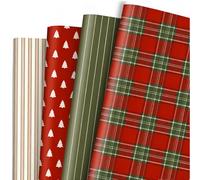 FYSUIMU 12 Sheets Vintage Wrapping Paper -Not Roll- Retro Red Green Plaid Striped Xmas Tree Gift Wrap Paper Folded Flat for Holiday Wedding Birthday Party DIY Crafts, 19.7 x 27.6 Inch