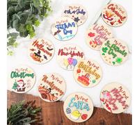 FYSUIMU 12Pcs My First Holiday Baby Milestone Cards Double-deck Wooden Discs Announcement Sign Newborn Photography Prop for Pregnancy Baby Shower Party Favors