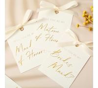 FYSUIMU 14Pcs Bridesmaid Proposal Card with Ribbon Bow 4 Designs Gold Foil Matron of Honor Invitation Paper Tags Will You Be My Bridesmaid for Bridal Shower Wedding