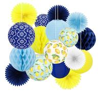 FYSUIMU 18Pcs Capri Lemon Paper Lantern Set Blue Yellow Hanging Lanterns with Honeycomb Balls Paper Fans for Summer Mediterranean Birthday Wedding Baby Shower