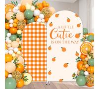 FYSUIMU 2 Pcs A Little Cutie is on the Way Arch Backdrop Covers Orange Citrus Gingham Plaid Stretchy Spandex Arch Stand Fabric Cover for Baby Shower Gender Reveal Party Decor (5ft/6ft)