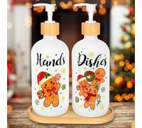FYSUIMU 2Pcs Christmas Soap Dispenser Refillable Liquid Container Gingerbread Man Candy Glass Soap Dispenser with Pump for Xmas Holiday Home Kitchen Countertop Decor