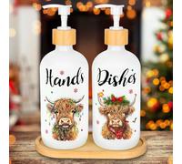 FYSUIMU 2Pcs Christmas Soap Dispenser Refillable Liquid Container Xmas Highland Cow Glass Soap Dispenser with Pump for Holiday Home Kitchen Countertop Decor
