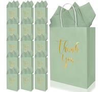 FYSUIMU 30 Pcs Sage Green Thank You Paper Gift Bags with Tissue Paper Foil Gold Thank You Party Favor with Handle Goodie Treat Bag for Mother's Day Wedding Birthday Baby Shower One Lucky Duck Patry
