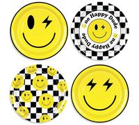 FYSUIMU 32 Pcs One Happy Dude Paper Plates Smile Face Checkered Disposable Plates 9 Inch Preppy Black Yellow Party Tableware for Birthday Picnic Table Decor Supplies, 4 Designs