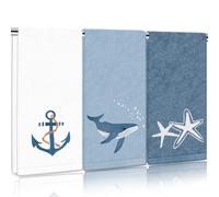 FYSUIMU 3Pcs Nautical Hand Towels Cotton Embroidered Bathroom Towels Anchor Starfish Whale Absorbent Bath Towels for Hand Drying Cleaning Cooking, 29.5 x 13.7 Inch