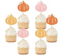 FYSUIMU 48Pcs Fall Cupcake Toppers Glitter Pink Orange Pumpkin Cupcake Picks Pumpkin Cake Decorations for Autumn Thanksgiving Party Supplies