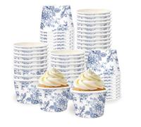 FYSUIMU 50 Pcs Blue Floral Snack Cups Chinoiserie Flower Disposable Bowls 9oz Dessert Food Treat Paper Bowls for Hot Iced Wedding Birthday Holiday Party Supplies