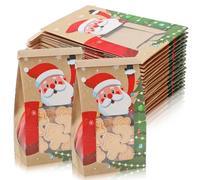 FYSUIMU 50 Pcs Christmas Bakery Bags With Window Brown Santa Xmas Tree Cookie Bags Kraft Paper Iron Wire Tie Tab Lock Treat Bag for Gift Giving Holiday Candy Pastry Bakery Supplies Decor