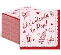 FYSUIMU 50 Pcs She's Ready to Pop Baby Shower Cocktail Napkin Red Pink Coquette Soda Disposable Paper Napkin 3 Ply Drink Beverage Napkins for New Mom Gender Reveal Party Supplies