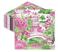 FYSUIMU 50 Pcs Tuscan Luncheon Napkins Disposable Paper Napkin Decorative Chinoiserie Green Pink Flower Dessert Dinner Hand Napkin for Home Party Table Supplies Decor