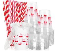 FYSUIMU 50pcs Cherry Bow Plastic Cups with lid and Sequin red Pink Spring Cherry Heart Clear Plastic Cup 12oz Disposable Cups for Wedding Birthday Party Supplies