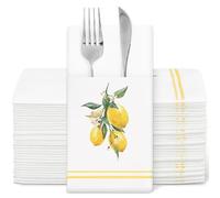 FYSUIMU 50Pcs Lemon Floral Linen Feel Napkin with Built-in Flatware Pocket Disposable Paper Napkins Folded Dinner Napkins for Summer Birthday Baby Shower Party Table Supplies