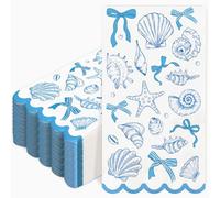 FYSUIMU 50Pcs Ocean Bow Guest Napkin Disposable Scalloped Paper Napkins Blue Bow Seashell Starfish Dinner Hand Napkins for Summer Birthday Baby Shower Party Supplies Table Decor