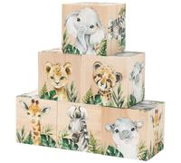 FYSUIMU 6 Pcs Jungle Animal Nursery Decoration Watercolor Safari Wooden Box Blocks Cartoon Woodland Party Shelf Decor for Kindergarten Birthday Baby Shower
