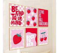 FYSUIMU 6 Sheet Strawberry Wall Art Prints Coquette Room Decor Cute Red Pink Cheery Daisy Flower Posters Lovely Sayings Unframed Wall Arts for Sweet Bedroom Living Room Dorm, 11 x 14 Inch