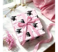 FYSUIMU 6 Sheets Graduation Wrapping Paper - Not Roll - Pink Bow Graduation Cap Gift Wrap Sheets Craft Paper Folded Flat for Congrats Grad Party DIY Crafts, 19.7 x 27.6 Inch