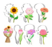 FYSUIMU 6Pcs Flower Cookie Cutters Biscuit Cutter Spring Tulip Peony Sunflower Rose Floral Stem Stainless Steel Cookie Cutting Molds for Mother' s Day Home DIY Baking Supplies