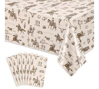 FYSUIMU 6Pcs Western Cowboy Rectangle Tablecloth Brown Wild West Rodeo Plastic Disposable Table Cover for Farmhouse Baby Shower Birthday Picnic, 54 x 108 Inch