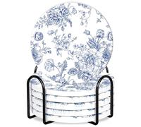 FYSUIMU 6Pcs White Blue Floral Coasters Vintage Flower Ceramic Drink Coasters Absorbent Chinoiserie Cup Mat for Home Kitchen Office Party Table Decor