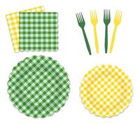 FYSUIMU 96 Pcs Yellow Green Gingham Tableware Sets Serves 24 Scalloped Checkered Paper Plates Napkins Forks Disposable Dinnerware for Golf Party Summer Spring Lemonade Birthday Baby Shower Supplies