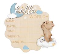 FYSUIMU Bear Theme Birth Announcement Sign Hello World Newborn Sign Cute Blue Bear Newborn Milestone Wooden Board for First Birthday Baby Shower Photo Prop Keepsake