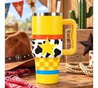 FYSUIMU Cartoon Story Tumbler with Handle Toy Theme Stainless Steel Cup 40oz Yellow Plaid Star Cow Print Insulated Travel Mug with Lid Straw for Car Office Home Use