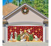 FYSUIMU Christmas Garage Door Decorations Xmas Jesus Nativity Scene Garage Door Banner Backdrop Red Black Buffalo Plaid Mural Background for New Year Holiday Party Decor