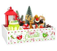 FYSUIMU Christmas Hot Cocoa Wood Storage Box Red-Green Xmas Rustic Wooden Organizer Bins Tabletop with 4 Compartments for Holiday Farmhouse Party Home Office Kitchen Decor