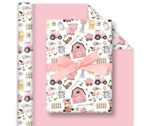 FYSUIMU Farm Animal Wrapping Paper - Mini Roll - 17 Inch x 32.8 Ft Pink Barnyard Gift Wrap Paper Double-Sided for Home Party DIY Art Crafts Supplies
