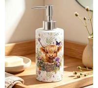 FYSUIMU Highland Cow Soap Dispenser Rustic Cow Wildflower Glass Dispenser with Pump Farm Cow Floral Refillable Liquid Container for Farmhouse Bathroom Kitchen Countertop Decor