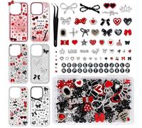 FYSUIMU Junk Phone Case Charm Kit with Y2K Cool Aesthetic Bows Stars Hearts Round Letter Beads Rhinestones Red Black Flat-Back Resin Charm Bulk for Customizing Cases