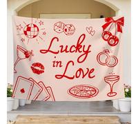FYSUIMU Lucky in Love Bachelorette Backdrop Photography Background Banner Las Vegas Poker Dice Cherry Photo Prop for Casino Bridal Shower Wedding Party Decor, 7 x 5 Ft