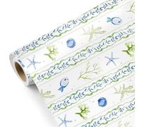 FYSUIMU Ocean Theme Wrapping Paper -Mini Roll- 17 In x 32.8 Ft Blue Fish Seashell Starfish Seaweed Gift Wrap Paper for Summer Wedding Baby Shower Birthday Holiday Party