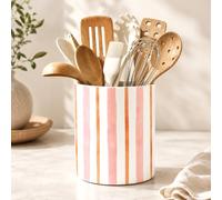 FYSUIMU Pink Orange Striped Ceramic Utensil Holder 6.3 Inch Chopstick Crock