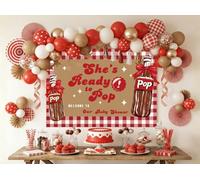 FYSUIMU She's Ready to Pop Backdrop Retro Plaid Soda Bottle Baby Shower Photography Background Banner Red Brown Photo Prop for Gender Reveal Party Decoration, 7 x 5 Ft