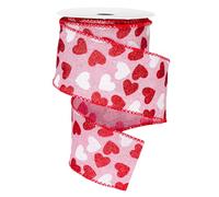 FYSUIMU Valentine's Day Wired Edge Ribbon 2.5 Inch Red Pink White Glitter Heart Craft Ribbon Love Heart Fabric Ribbon for Bow Wreath Gift Wrap Home Decor, 10 Yards