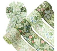 FYSUIMU Vintage Floral Ribbons with Floral Threads Retro Ribbon William Morris Green Botanical Fabric Ribbon Wreath Bow DIY Craft Making, 4 Rolls, 24 Yards