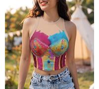 FytStycale Halter Crop Shirt with Feathers Glittery Glitter Halter Top with Translucent Yoke Glittery Apparel for Artists, Parties, M
