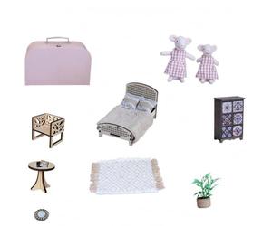 FytStycale Suitcase Dollhouse Compact Miniature Room Set Rounded Edges, Pink Plaid Pig Mother-Daughter Set With Dolls