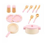 FytStycale Wooden Pretend Kitchenware Play Set Pastel Wooden Pretend Cooking Set with Plates and Shakers Colorful for Preschoolers, Pink