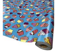 FYVIE STAR FABRICS Wipe Clean Tablecloth Vinyl PVC (Party Cupcakes Solid Blue Background) (300cm x 140cm)