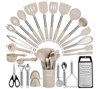 Fyvva Large Cooking Utensils Set, 35 Pcs Spatula Set with Holder, Silicone Kitchen Utensils Set with Stainless Steel Handle, Cheese Grater, Ice Cream Scoop, Pizza Cutter Kitchen Gadgets (Khaki) (F35)