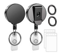 FYY 2 PCS Metal Heavy Duty Retractable Badge Holders Reel with [Carabiner] [Key Chain Keychain] and [ID Card Holders] 68cm Reinforced Wire Cord Round